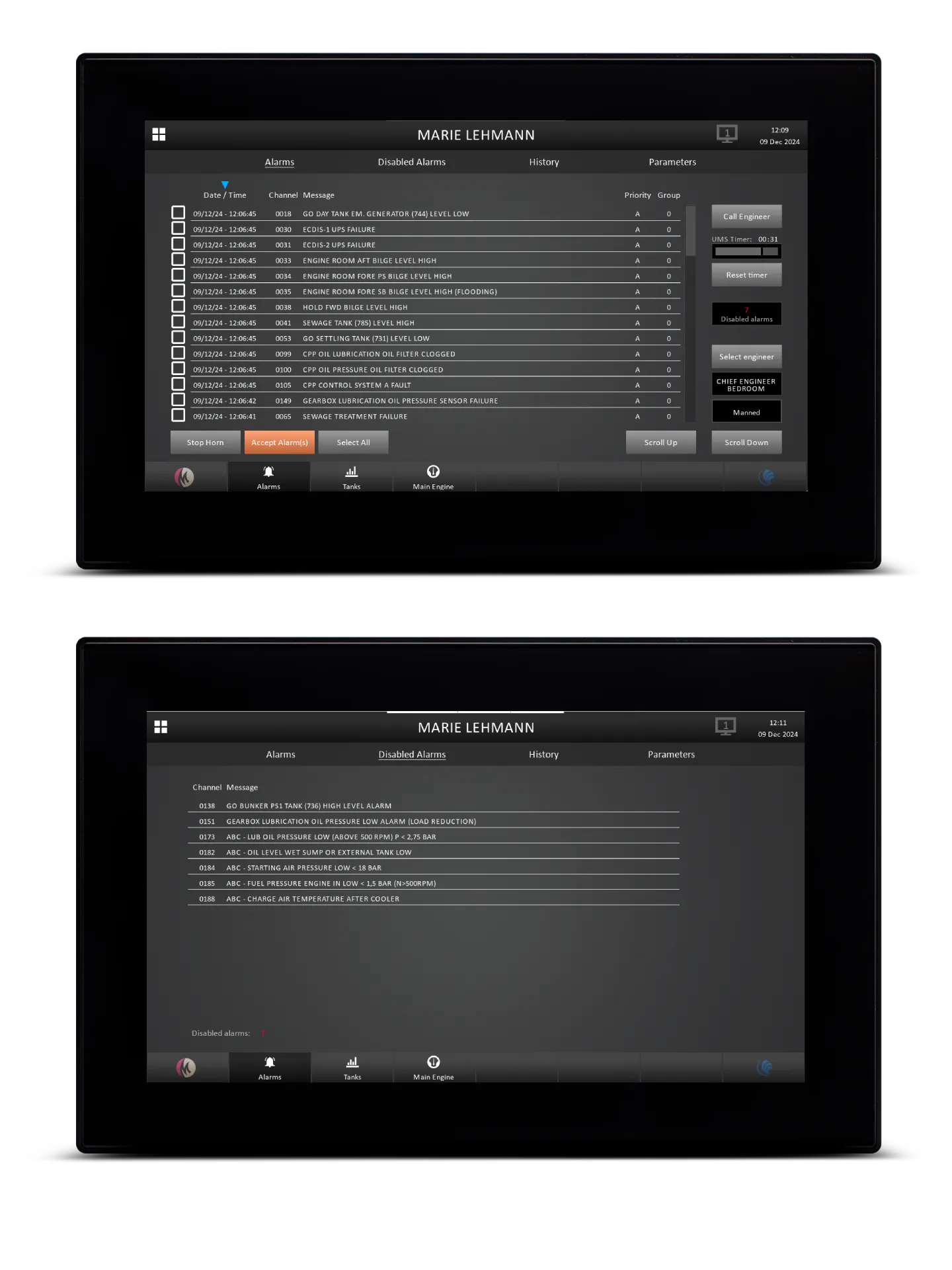 MS-2080-touchscreens met de lijst van actieve alarmen en het overzicht van uitgeschakelde alarmen