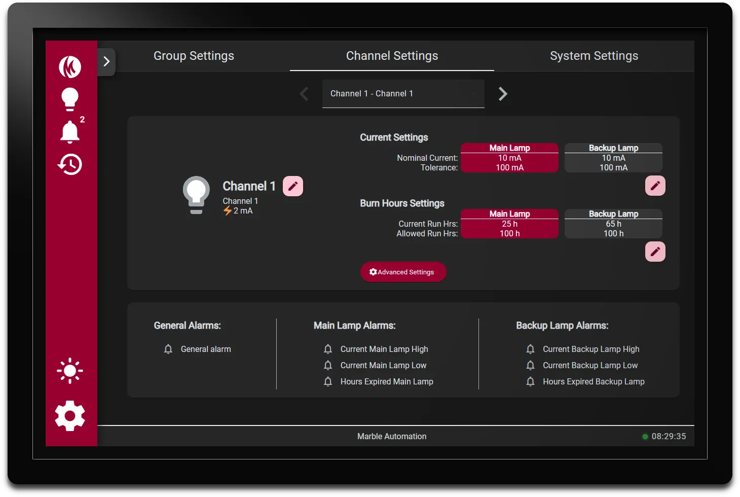 MS225 HMI channel settings with current, burn hours and alarms for main and backup lamp