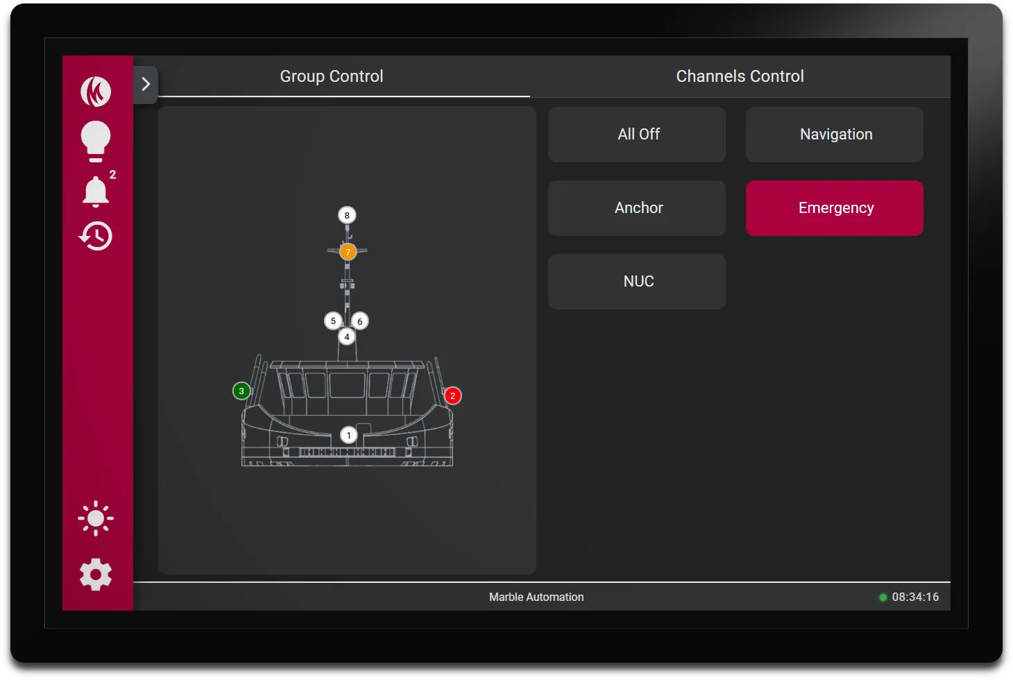 MS225 HMI in dark mode with light group buttons and a ship outline with numbered lights