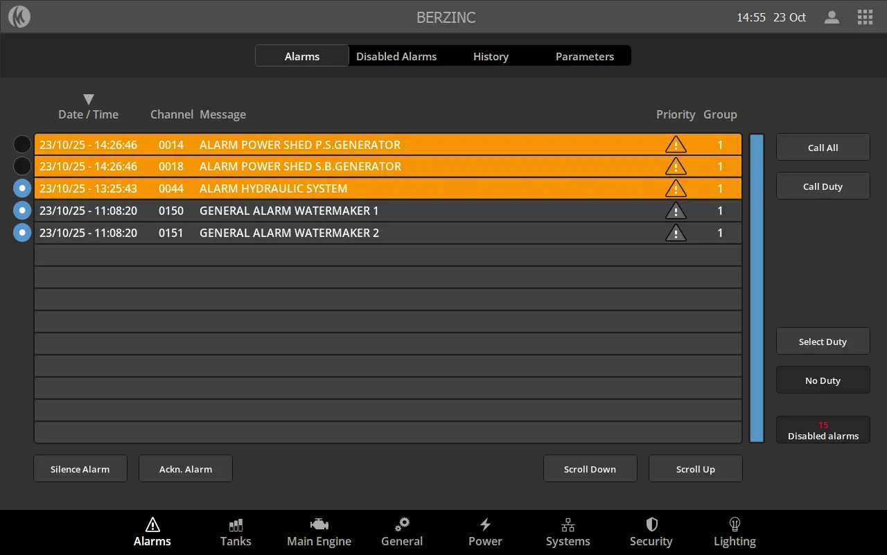 Berzinc alarm monitoring screen listing active generator, hydraulic and watermaker alarms