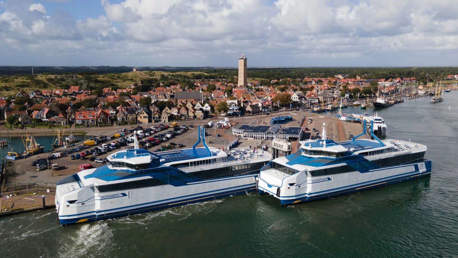 Ferries Willem Barentsz and Willem de Vlamingh moored in the harbour of Terschelling