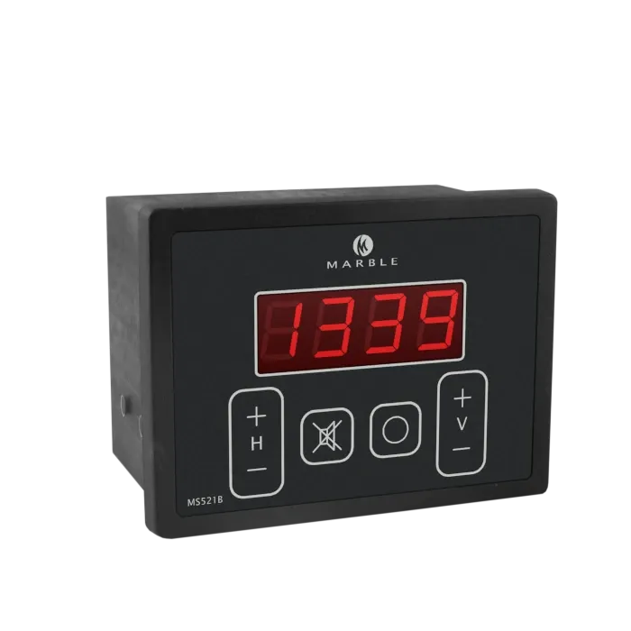 MS521B lijnteller met rood LED-display en knoppen voor de alarminstelpunten bij inhalen en vieren